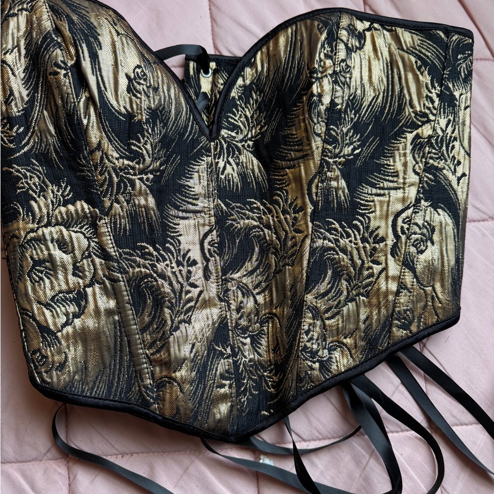 Black Gold Brocade Corset Bustier Lace Up Back Structured Top